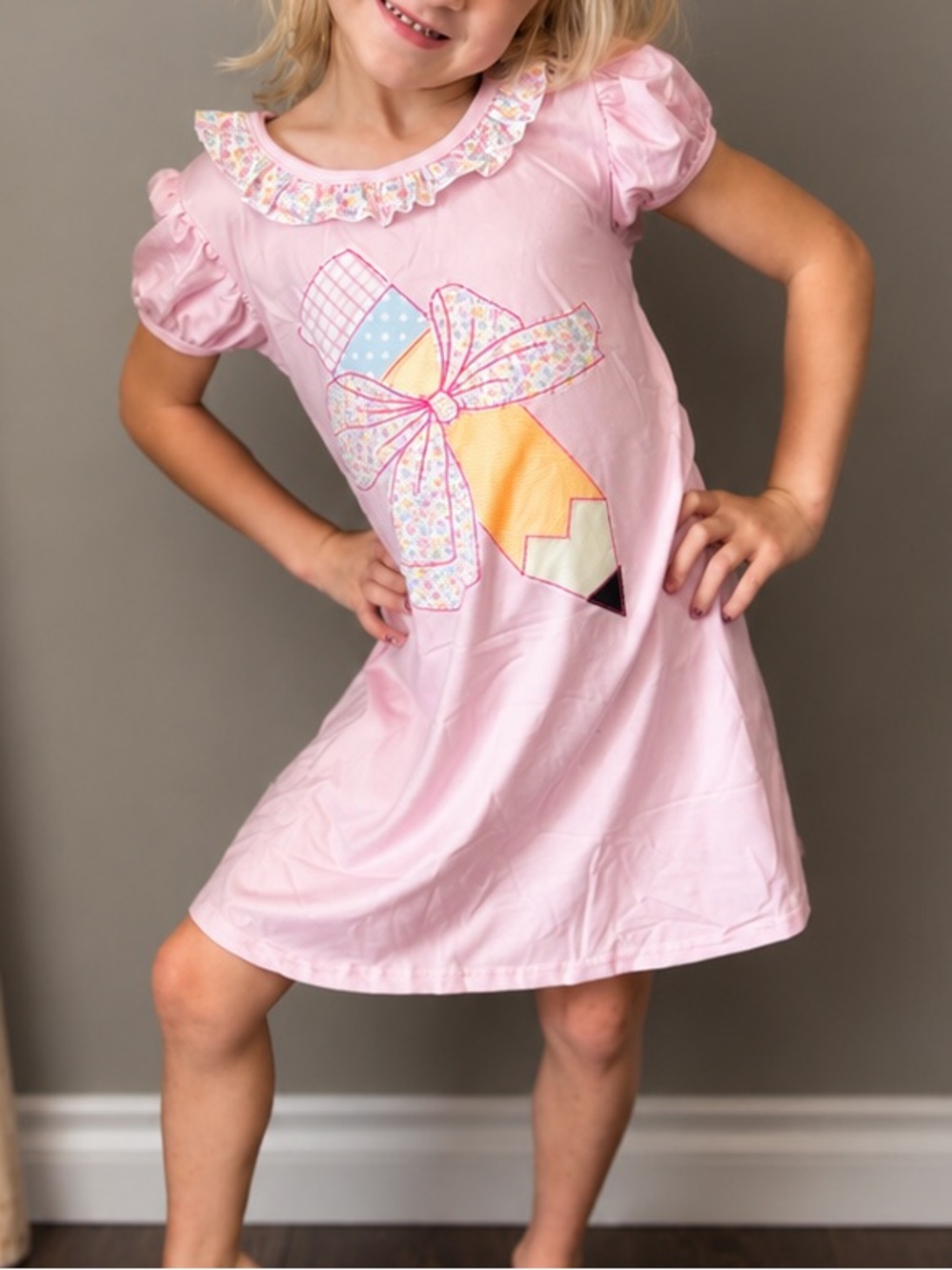 Girls' Pink Short-Sleeve dress with pencil detail